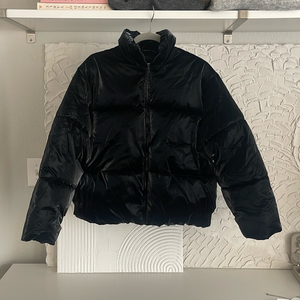 Black Vinyl Puffer Jacket! Size M. Worn once.